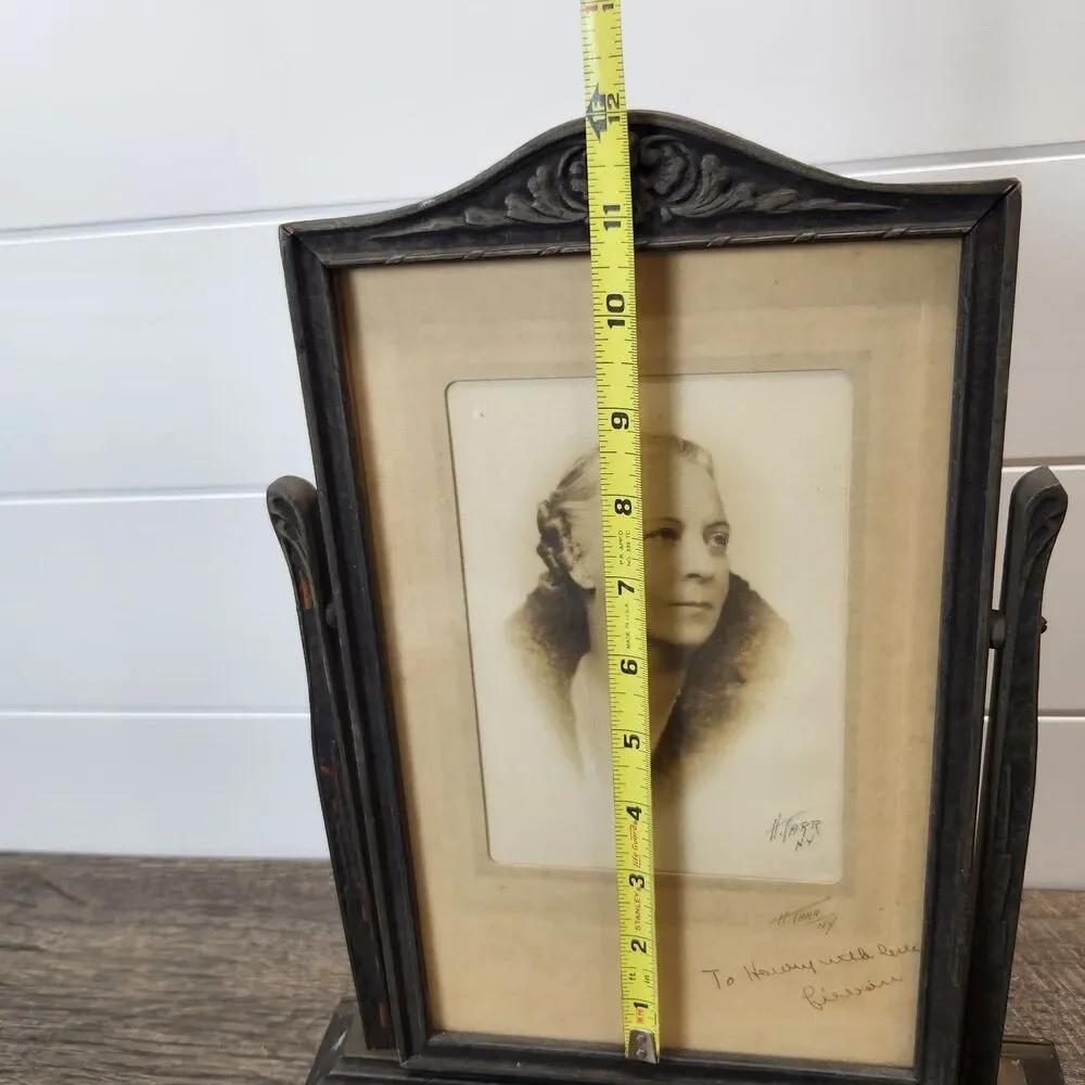Antique Art Deco Wood Tabletop Swivel Swing Tilt Picture Frame with Photo Signed